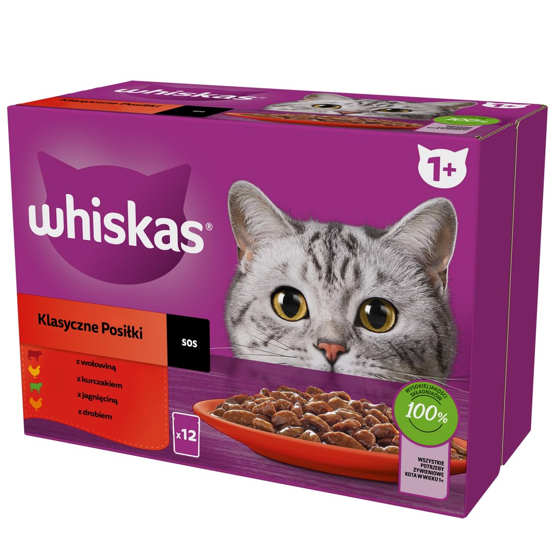 WHISKAS Posiłki dla kotów - 48 saszetek świeżości (zestaw 2 opakowań 24 x 85 g), klasyczne posiłki (4 odmiany), pasta dla dorosłych kotów w sosie. Pełna, mokra karma odpowiednia również dla kotów