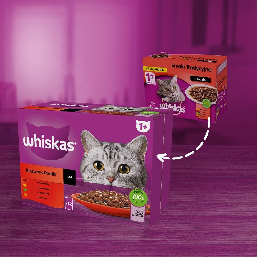WHISKAS Posiłki dla kotów - 48 saszetek świeżości (zestaw 2 opakowań 24 x 85 g), klasyczne posiłki (4 odmiany), pasta dla dorosłych kotów w sosie. Pełna, mokra karma odpowiednia również dla kotów