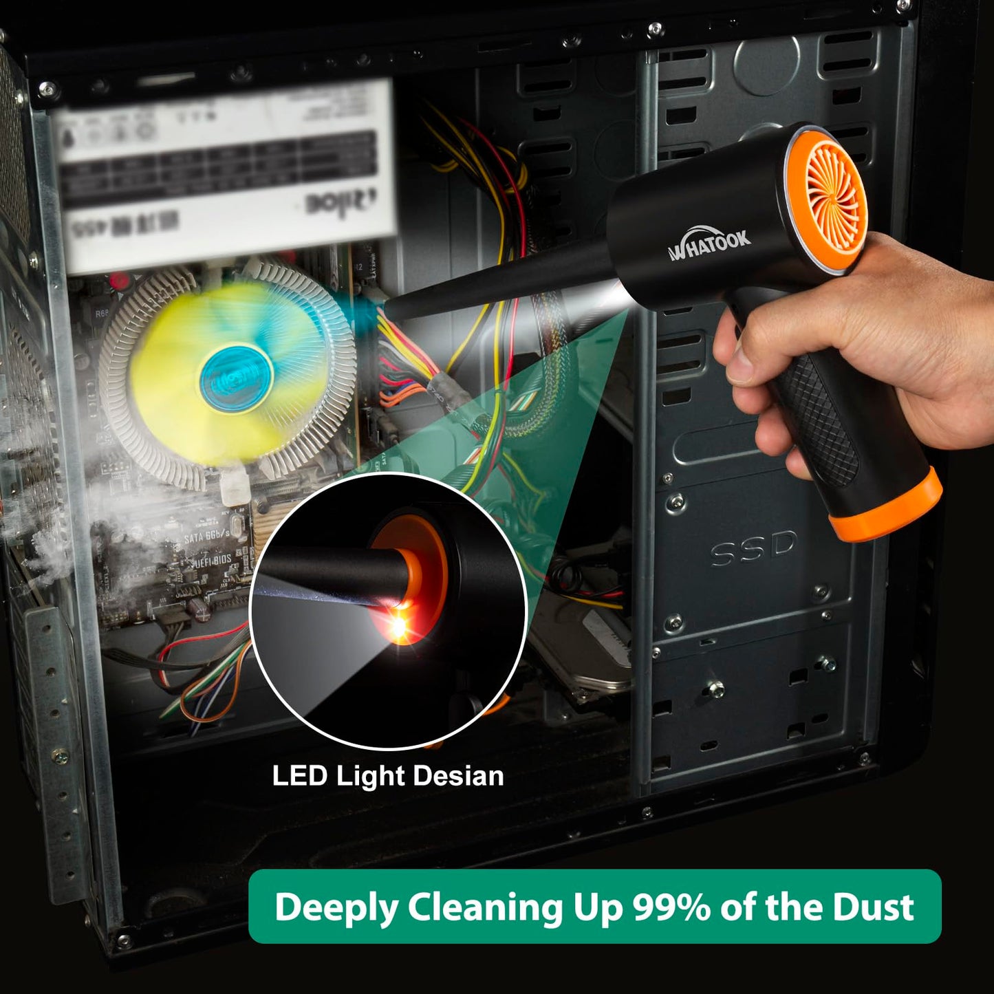 Elektryczna dmuchawa do kurzu, Bezprzewodowy odkurzacz do czyszczenia komputera， 3-biegowa dmuchawa Air Duster, wydajna 60 000 obr./min, z oświetleniem LED do komputera, klawiatury, samochodu