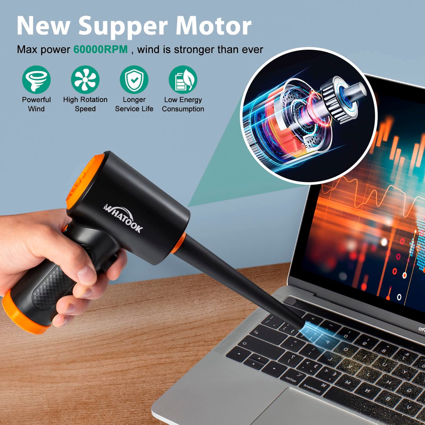 Elektryczna dmuchawa do kurzu, Bezprzewodowy odkurzacz do czyszczenia komputera， 3-biegowa dmuchawa Air Duster, wydajna 60 000 obr./min, z oświetleniem LED do komputera, klawiatury, samochodu