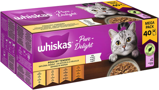Whiskas 1+ mokra karma dla kota Ragout drób w galaretce, 40 x 85 g (1 opakowanie) – wysokiej jakości mokra karma dla dorosłych kotów, w 40 woreczkach porcjowanych